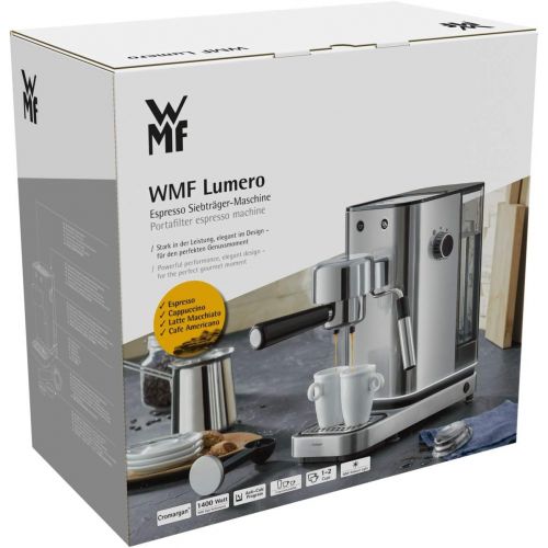 더블유엠에프 WMF Lumero Siebtrager Espressomaschine (1400 Watt, mit 3 Einsatzen, fuer 1-2 Tassen Espresso, auch fuer Pads, 15 bar, Tassenabstellflache, Milchaufschaumduese)