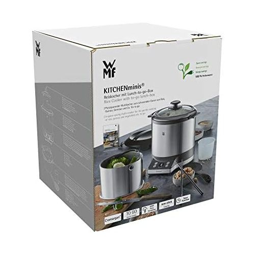 더블유엠에프 WMF KUECHENminis Reiskocher mit Lunch-to-go-Box , Damfgarer, platzsparend, Extra To-Go-Deckel macht den Innentopf (1,0l) ohne Umfuellen zur festverschlossenen Lunchbox zum Mitnehmen