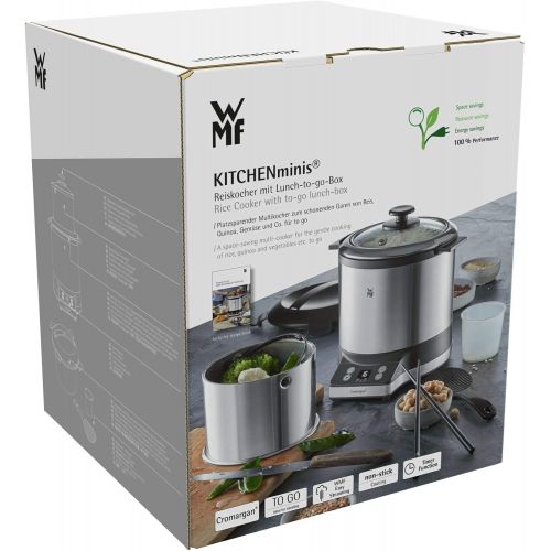 더블유엠에프 WMF KUECHENminis Reiskocher mit Lunch-to-go-Box , Damfgarer, platzsparend, Extra To-Go-Deckel macht den Innentopf (1,0l) ohne Umfuellen zur festverschlossenen Lunchbox zum Mitnehmen