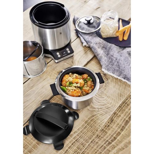 더블유엠에프 WMF KUECHENminis Reiskocher mit Lunch-to-go-Box , Damfgarer, platzsparend, Extra To-Go-Deckel macht den Innentopf (1,0l) ohne Umfuellen zur festverschlossenen Lunchbox zum Mitnehmen