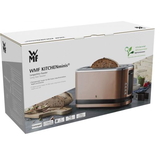 더블유엠에프 WMF Kuechenminis Langschlitz-Toaster (900 W, integrierter Broetchenwarmer, 2 XXL Brotscheiben, Auftau-Funktion) cromargan matt/graphit