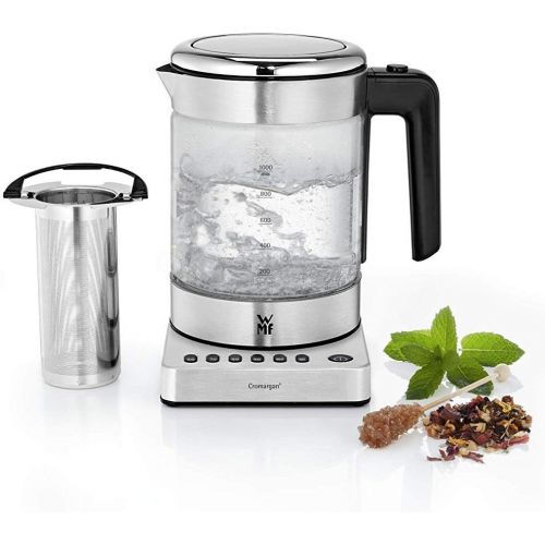 더블유엠에프 WMF Kuechenminis 2 in 1 Vario Wasserkocher, mit Temperatureinstellung, 1,0l, 1900 W, Teekocher Glas mit Teebeutelhalter und Sieb