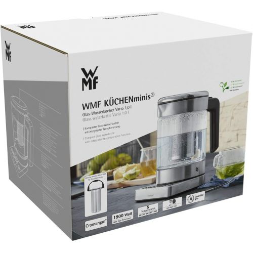 더블유엠에프 WMF Kuechenminis 2 in 1 Vario Wasserkocher, mit Temperatureinstellung, 1,0l, 1900 W, Teekocher Glas mit Teebeutelhalter und Sieb