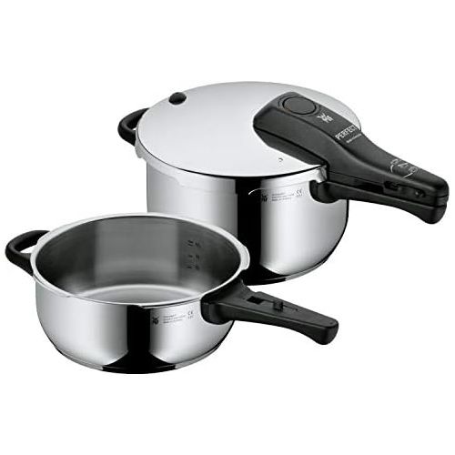 더블유엠에프 WMF Perfect Schnellkochtopf Set 2-teilig 4,5l + 3,0l, Schnelltopf 22 cm, Cromargan Edelstahl poliert, Induktion, 2 Kochstufen, Einhand-Kochstufenregler