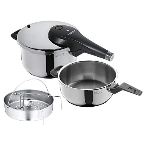 더블유엠에프 WMF Perfect Premium Schnellkochtopf Set 3-teilig 4,5l + 3,0l mit Einsatz-Set, Schnelltopf 22 cm, Cromargan Edelstahl poliert, Induktion, 2 Kochstufen, All-In-One Drehknopf