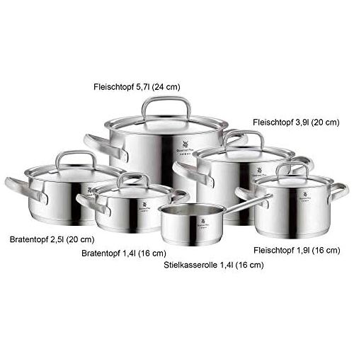 더블유엠에프 WMF Gourmet Plus Topfset 6-teilig, Cromargan Edelstahl mattiert, Toepfe mit Metalldeckel, Induktionstoepfe, Topf Induktion, Innenskalierung, Dampfoeffnung, unbeschichtet