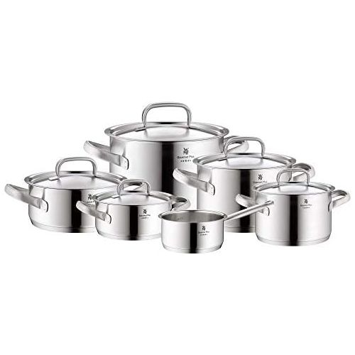 더블유엠에프 WMF Gourmet Plus Topfset 6-teilig, Cromargan Edelstahl mattiert, Toepfe mit Metalldeckel, Induktionstoepfe, Topf Induktion, Innenskalierung, Dampfoeffnung, unbeschichtet