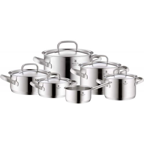 더블유엠에프 WMF Gourmet Plus Topfset 6-teilig, Cromargan Edelstahl mattiert, Toepfe mit Metalldeckel, Induktionstoepfe, Topf Induktion, Innenskalierung, Dampfoeffnung, unbeschichtet