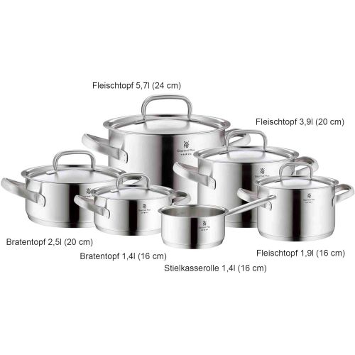 더블유엠에프 WMF Gourmet Plus Topfset 6-teilig, Cromargan Edelstahl mattiert, Toepfe mit Metalldeckel, Induktionstoepfe, Topf Induktion, Innenskalierung, Dampfoeffnung, unbeschichtet