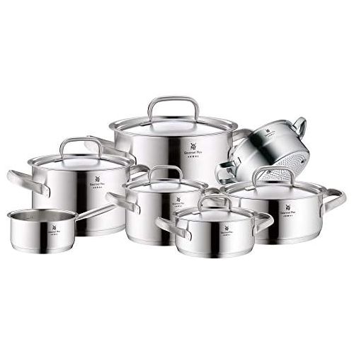 더블유엠에프 WMF Gourmet Plus Topfset 7-teilig, Cromargan Edelstahl mattiert, Toepfe mit Metalldeckel, Induktionstoepfe, Topf Induktion, Innenskalierung, Dampfoeffnung, unbeschichtet