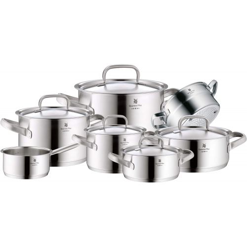 더블유엠에프 WMF Gourmet Plus Topfset 7-teilig, Cromargan Edelstahl mattiert, Toepfe mit Metalldeckel, Induktionstoepfe, Topf Induktion, Innenskalierung, Dampfoeffnung, unbeschichtet