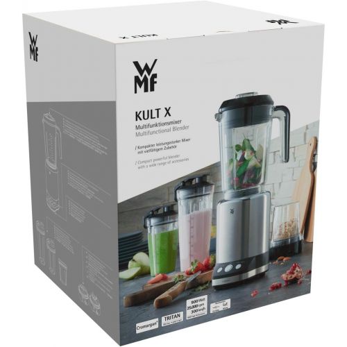 더블유엠에프 WMF Kult X Multifunktionsmixer, 25.000 U/min, 900 Watt, 2 Geschwindigkeiten, 4 Mixbehalter, ToGo-Flasche, Messereinheit mit Kreuzklingen fuer Smoothies, Messereinheit mit Flachkling