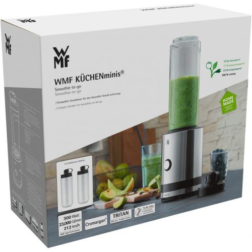 더블유엠에프 WMF KUECHENminis Smoothie-to-go, Mini Standmixer mit zwei Mix-/Trinkbehaltern 0,6l, 300 W, cromargan matt/silber
