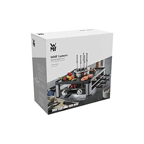 더블유엠에프 WMF Lumero 3in1 Gourmet Station fuer 8 Personen, Raclette Grill Fondue, elektrisch, Temperaturregulierung, Beleuchtung, 1800 Watt, platzsparend, edeldtahl matt