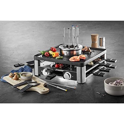 더블유엠에프 WMF Lumero 3in1 Gourmet Station fuer 8 Personen, Raclette Grill Fondue, elektrisch, Temperaturregulierung, Beleuchtung, 1800 Watt, platzsparend, edeldtahl matt