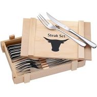 Dishwasher Safe 12-Piece Steak Set in Wooden Box by WMF Stainless Steel Silver