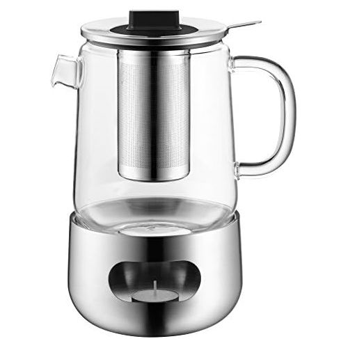 더블유엠에프 WMF SensiTea Teapot with Strainer and Warmer, Glass, Stainless Steel, Cromargan Stainless Steel, Dishwasher Safe, Volume 1.3 L, Height 21.3 cm, Diameter 14 cm