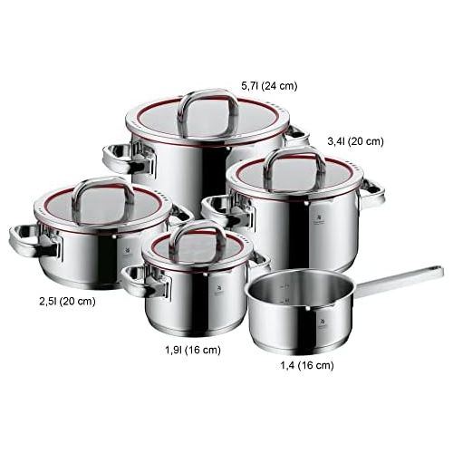 더블유엠에프 WMF 760336380 Set of 4 Pots, Scale on Inside, Lid with 4 PouringFunctions, Made in Germany, Glass Lid, Polished Cromargan Stainless Steel, Suitable for Induction Cookers, Dishwash