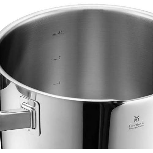 더블유엠에프 WMF 760336380 Set of 4 Pots, Scale on Inside, Lid with 4 PouringFunctions, Made in Germany, Glass Lid, Polished Cromargan Stainless Steel, Suitable for Induction Cookers, Dishwash