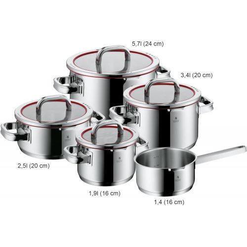 더블유엠에프 WMF 760336380 Set of 4 Pots, Scale on Inside, Lid with 4 PouringFunctions, Made in Germany, Glass Lid, Polished Cromargan Stainless Steel, Suitable for Induction Cookers, Dishwash