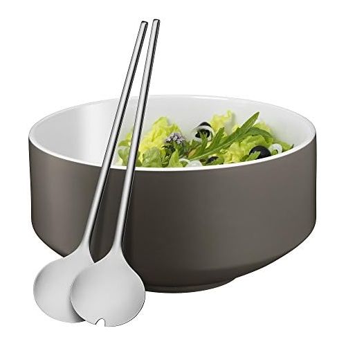 더블유엠에프 WMF Moto Salad Bowl Set 3-Piece Salad Bowl Diameter 26 cm with Salad Servers Porcelain Cromargan Polished Stainless Steel Dishwasher Safe Lava Grey Satin, Grey