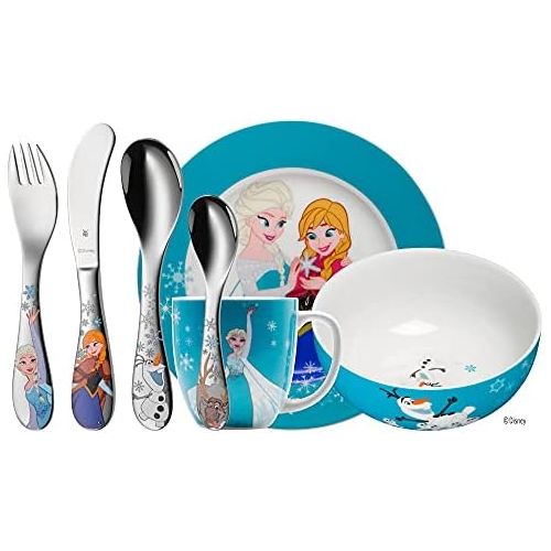 더블유엠에프 WMF Disney Frozen Childrens Crockery Set with Cutlery Set 7-Piece Frozen Elsa & Anna from 3 Years Old, Polished Cromargan Stainless Steel, Dishwasher Safe, Colour and Food Safe