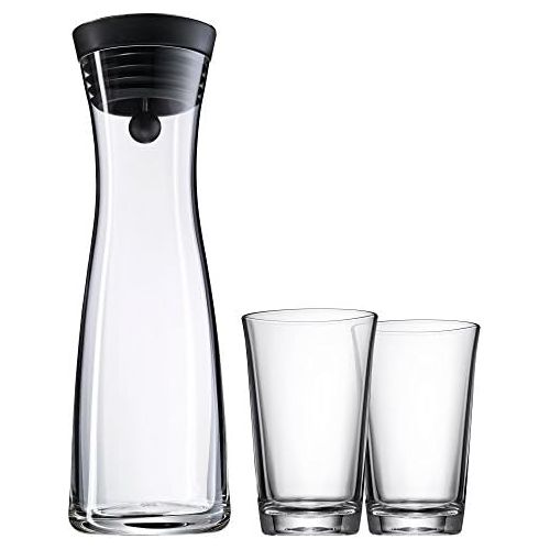 더블유엠에프 WMF Basic Water Carafe Set 3-Piece 1L Carafe with 2 Water Glasses 250 ml Glass Height 30.2 cm Glass Carafe with Lid Silicone Lid CloseUp Closure