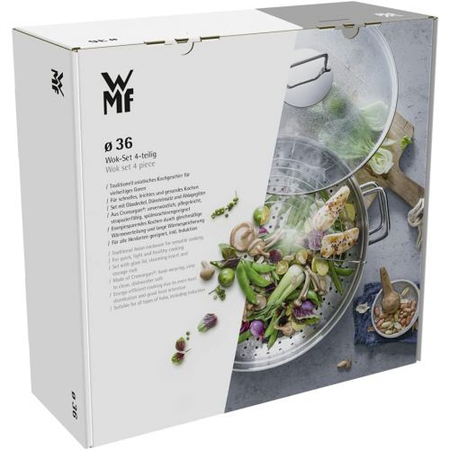 더블유엠에프 WMF Macau Stainless Steel Wok with Steamer and Lid, 36cm