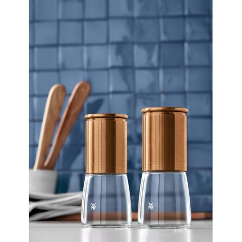 더블유엠에프 WMF De Luxe Salt and Pepper Mill Set 2 Pieces Unfilled 14 cm Cromargan Stainless Steel Glass Container Ceramic Grinder Mill for Salt, Pepper, Chilli Pepper