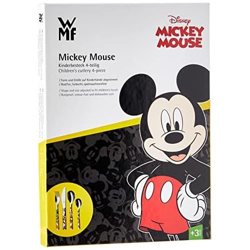 더블유엠에프 WMF Disney Mickey Mouse Childrens Cutlery Set 4 Pieces from 3 Years Cromargan Polished Stainless Steel, 21.6 x 15.6 x 2.6 cm