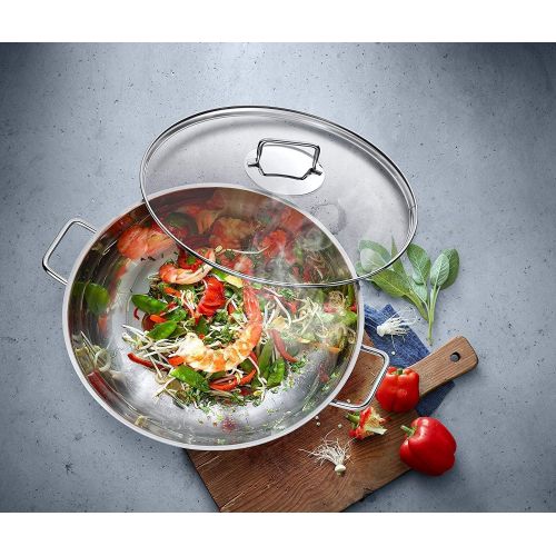 더블유엠에프 WMF Macao Wok Set 2-Piece 36 cm with Glass Lid Cromargan Polished Stainless Steel Uncoated Induction