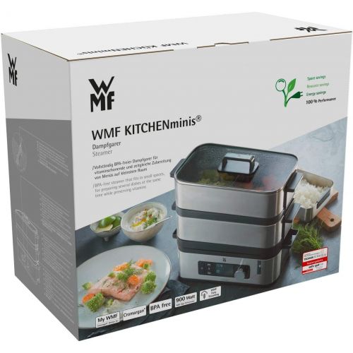 더블유엠에프 Besuchen Sie den WMF-Store WMF KUECHENminis Mini Dampfgarer 4,3l, Dampfkocher mit Memory-Funktion, Warmhaltefunktion, Restlaufzeitanzeige, 2 individuell regulierbare Garbehalter