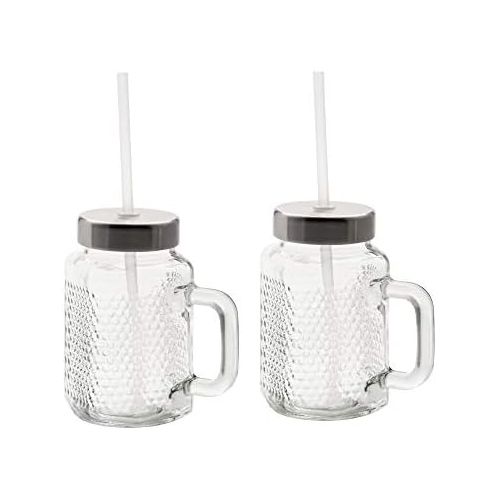 더블유엠에프 WMF Kult X Mason Cup Set of 2 Drinking Glasses with Handle 450 ml Straw and Lid for Mixing Smoothies