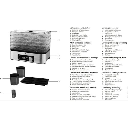 더블유엠에프 WMF Kuechenminis Doerrautomat Edelstahl, Doerrgerat mit 5 Einlegefacher, 30-70°C, 24h-Timer, Obsttrockner, Dehydrator, 2 Boxen, Muesliriegelform, bpa-frei