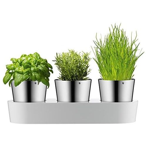 더블유엠에프 WMF Gourmet herb garden set, 3 pieces, herb pot with irrigation system, stainless steel Cromargan, plastic, for fresh herbs such as basil, parsley, mint, 36x 12.5x 12.5 cm, white