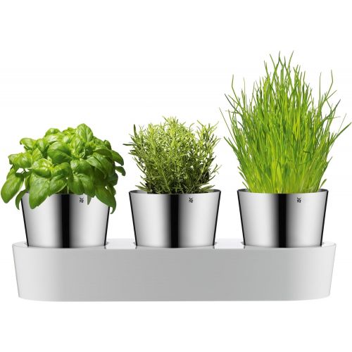 더블유엠에프 WMF Gourmet herb garden set, 3 pieces, herb pot with irrigation system, stainless steel Cromargan, plastic, for fresh herbs such as basil, parsley, mint, 36x 12.5x 12.5 cm, white