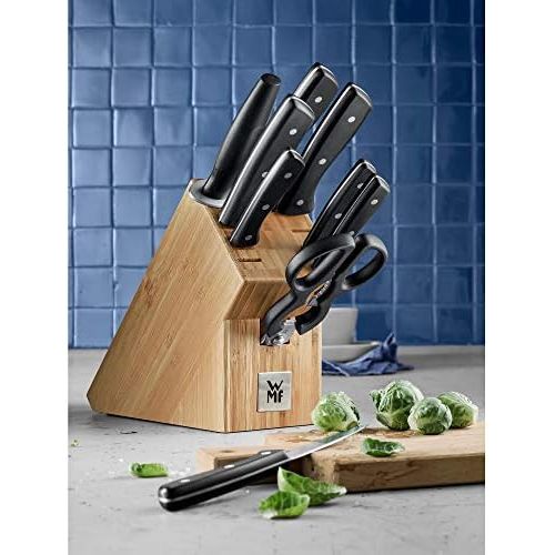 더블유엠에프 [아마존베스트]WMF Knife block with knife set, 10 pieces, kitchen knife set with knife holder, 7 sharp knives, 1 pair of scissors, 1 knife sharpener, bamboo block, special blade steel.