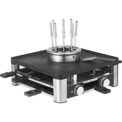 더블유엠에프 WMF Lumero 3 in 1 Gourmet Station for 8 People, Raclette Grill Fondue, Electric, Temperature Regulation, Lighting, 1800 Watt, Space Saving, Matt Stainless Steel