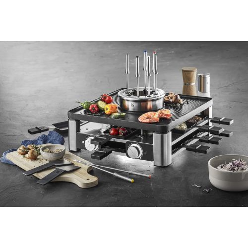 더블유엠에프 WMF Lumero 3 in 1 Gourmet Station for 8 People, Raclette Grill Fondue, Electric, Temperature Regulation, Lighting, 1800 Watt, Space Saving, Matt Stainless Steel