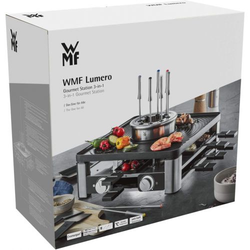 더블유엠에프 WMF Lumero 3 in 1 Gourmet Station for 8 People, Raclette Grill Fondue, Electric, Temperature Regulation, Lighting, 1800 Watt, Space Saving, Matt Stainless Steel