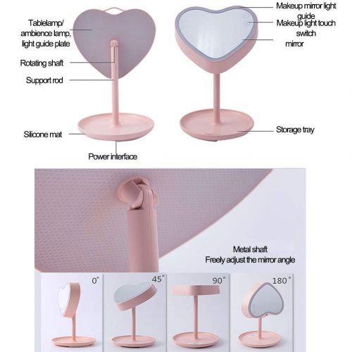  WMM-makeup mirror Tabletop Makeup Mirror, Free Standing Table Vanity Mirror on Stand with 180° fold, Portable Charging Smart LED Makeup Mirror Heart shape (color : Pink)