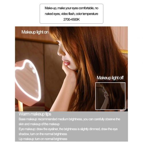  WMM-makeup mirror Tabletop Makeup Mirror, Free Standing Table Vanity Mirror on Stand with 180° fold, Portable Charging Smart LED Makeup Mirror Heart shape (color : Pink)