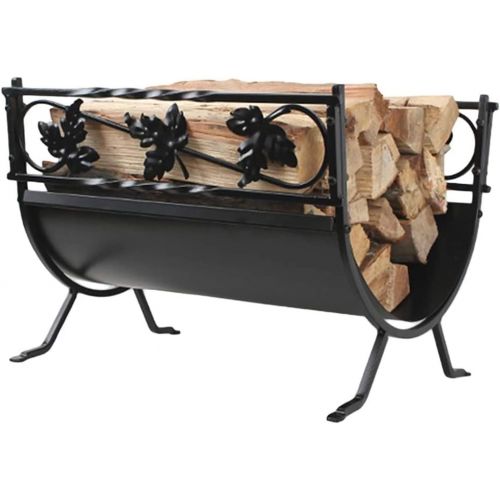  WMMING 18.5inch Indoor Log Carrier Wood Holder Rack, with Scrolls & Leaf Pattern, Small Black Finish Firewood Rack Brackets, for Fireplace, Stove and Fire Pit Accessory Solid and P