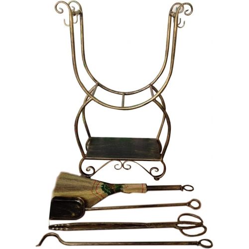  WMMING Brass Fireplace Tools Set and Log Storage Holder, 5 Pieces Wrought Iron Firewood Stand with Poker, Shovel, Tongs, Brush, for Indoor Outdoor, Stove, Fire Pit Solid and Practi