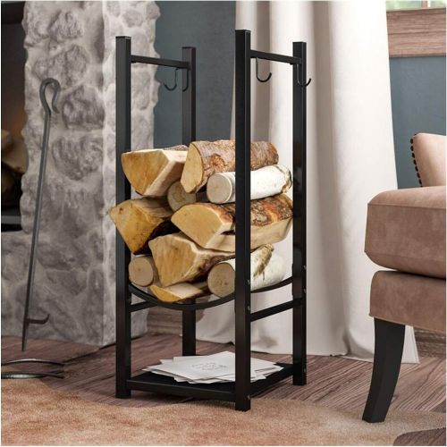 WMMING 82cm Tall Firewood Storage Log Rack with 4 Hook, Heavy Duty Fire Wood Holder for Fireside/Stove Side, Black Solid and Practical