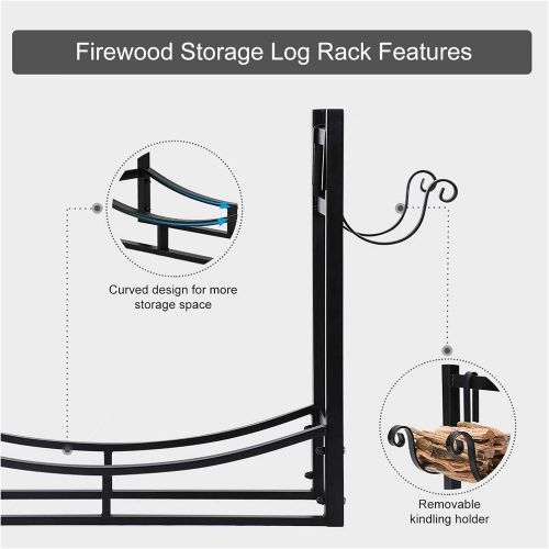  WMMING Firewood Log Rack with Kindling Holder, Indoor Outdoor Fireside Logs Holder for Wood Storage, Freestanding Stove Accessories, 83cm Wide X 78cm Tall, Black Solid and Practica