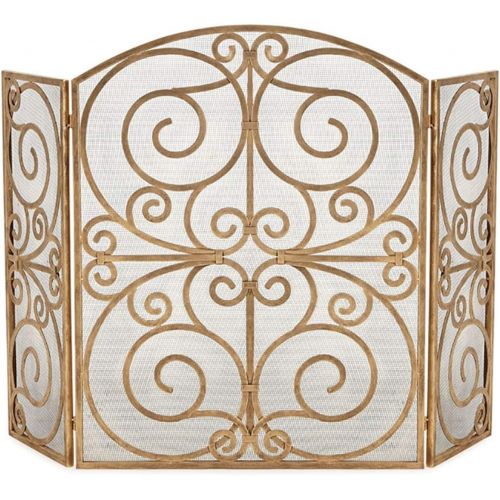  WMMING Foldable Scroll Design Fireplace Screen, Wood Burning Stove Protection Guard Fence with Metal mesh, 84cm Tall Solid and Practical