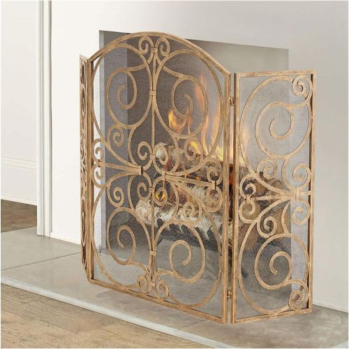  WMMING Foldable Scroll Design Fireplace Screen, Wood Burning Stove Protection Guard Fence with Metal mesh, 84cm Tall Solid and Practical
