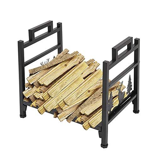  WMMING Small Classic Elk Fireplace Firewood Log Rack Holder, Metal Kindling Logs Storage Stand for Inside/Outside/Farmouse/Stove/Fire Pit, Black Solid and Practical