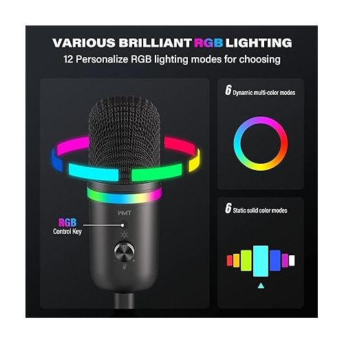  WMT USB Microphone - Condenser Gaming Microphone for PC/MAC/PS4/PS5/Phone- Cardioid Mic with Brilliant RGB Lighting Headphone Output Volume Control, Mute Button, for Streaming Podcast YouTube Discord